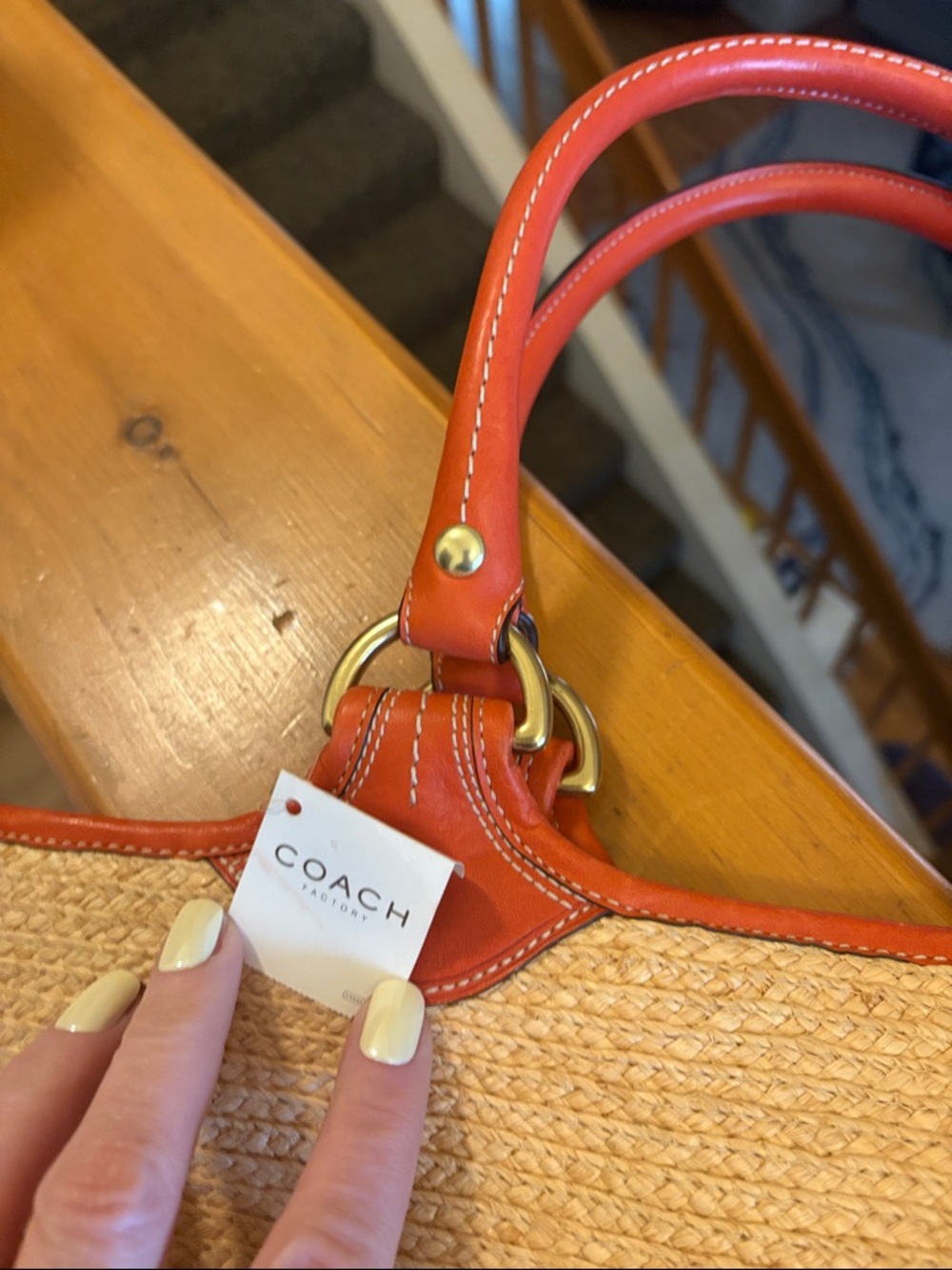 Coach Straw Tote with Red Leather Handles and Flower Charm - Picture 5 of 5